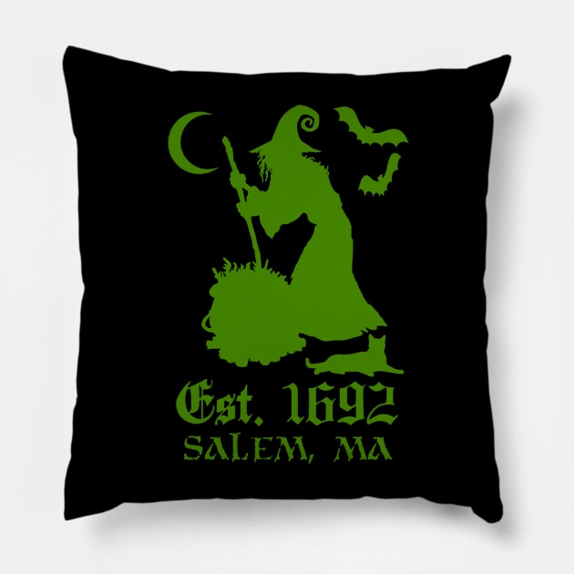 Salem Massachusetts Est. 1692 - Halloween Witch (GREEN) Pillow by Occult Designs