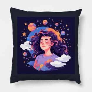 Woman with sweet dreams concept Young girl with galaxy and universe at hairs Pillow