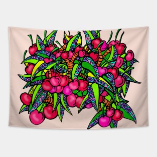 Bunch of Plump Ripe Cherries with Flower Leaves Tapestry