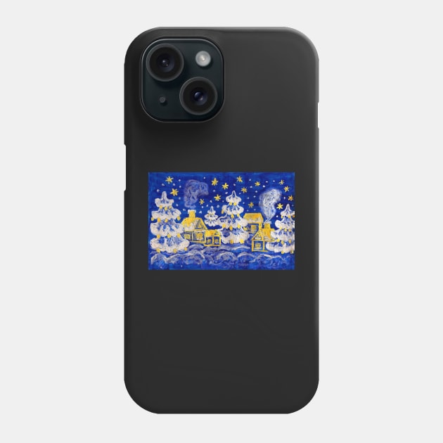 Christmas picture - winter landscape with golden houses and silver fir-trees on blue background Phone Case by IrinaAfonskaya