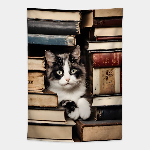 Cat and Books Tapestry by Art-Jiyuu