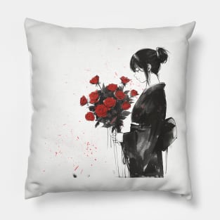 A Monochrome Moment with Scarlet Blooms Pillow