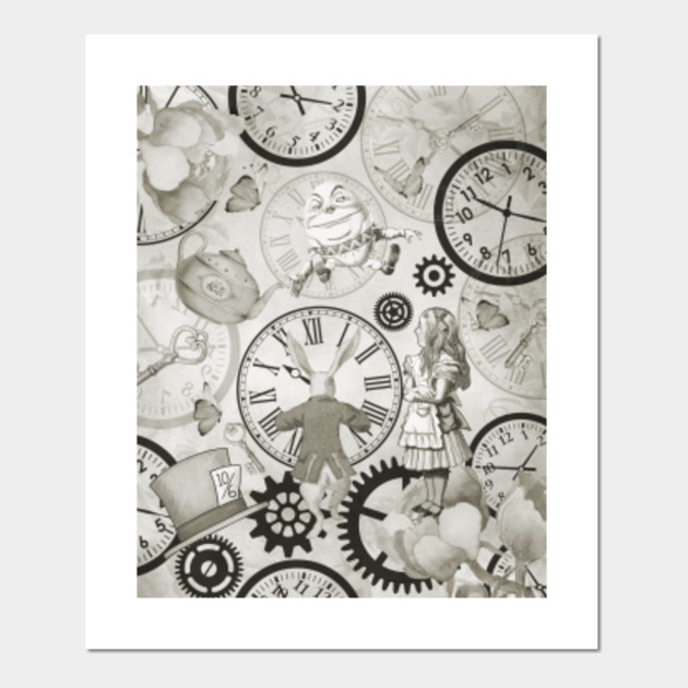 Wonderland Time Vintage Black White Alice In Wonderland Motive Affiche Et Impression D Art Teepublic Fr