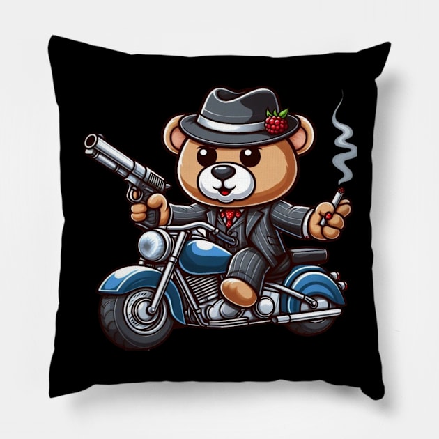 Mob teddy bear on motor bike Pillow by Out of the world