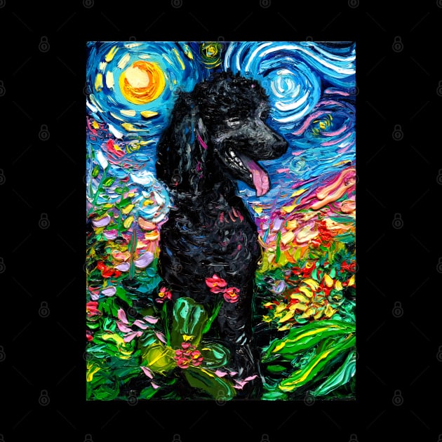 Black Poodle Starry Night with Flowers by sagittariusgallery