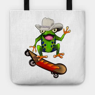 Frog - Kawaii Froggy Skateboarding Cute Frog Texas cowboy hat Funny toad toads amphibian tadpole Green Red eyed tree frogs rain forest Lizard dragon zoology gift frog Tote