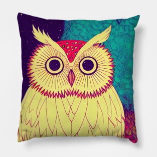 Colorful Owl Portrait Illustration - Bright Vibrant Colors Bohemian Style Feathers Psychedelic Bird Animal Rainbow Colored Art Pillow