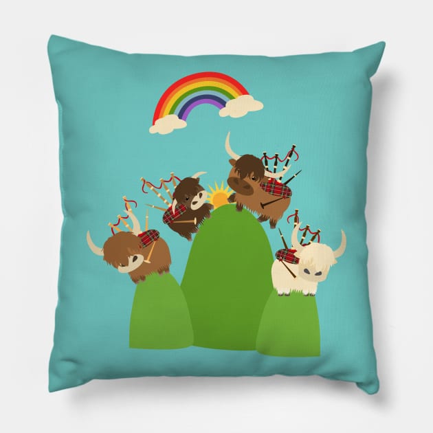 Happy Highland Cattle and Bagpipes Pillow by LulululuPainting