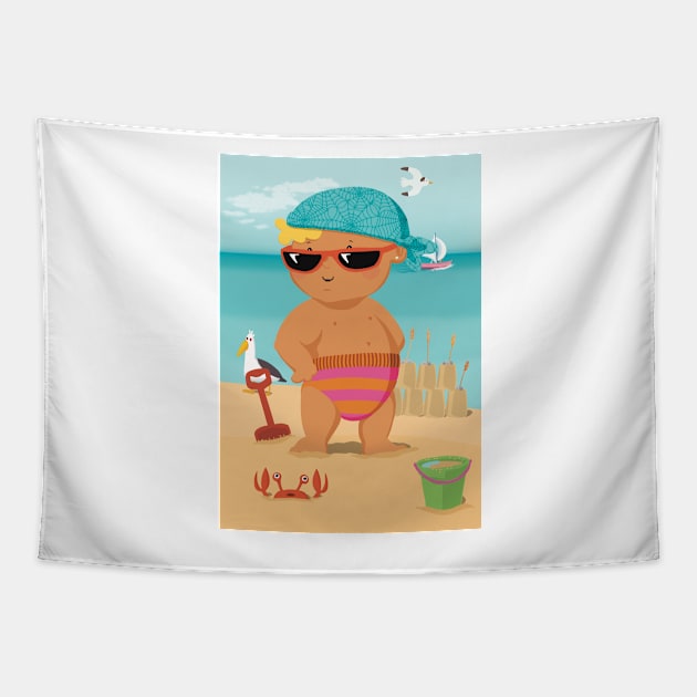 Vacation mood on - the toddler King of the beach enjoying the holiday - mirrored Tapestry by marina63