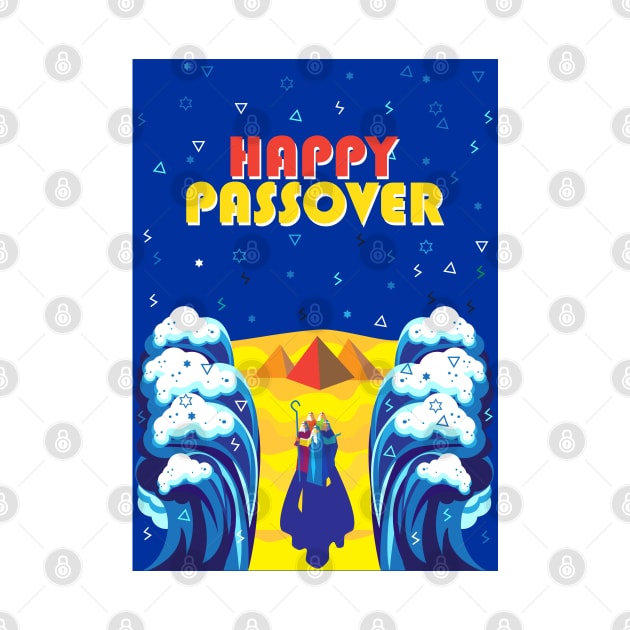 Passover Exodus from Egypt Hebrew: "Happy Passover!" Pesach Jewish Holiday poster. Moses parting the Red Sea, Israelites cross on dry ground. Poster Contemporary ART gifts idea by sofiartmedia