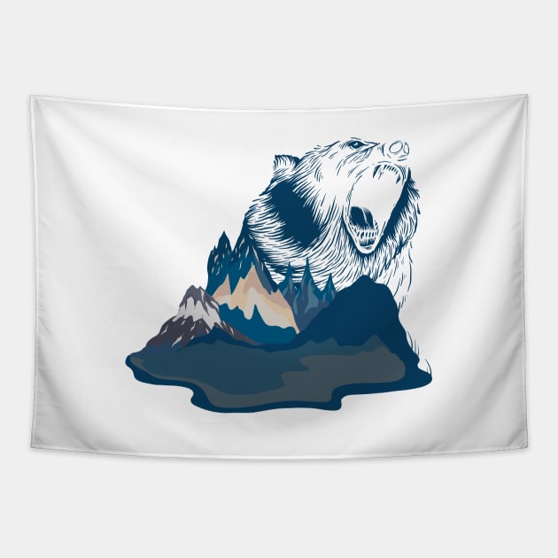 Bear Roaring in Blue Mountain Landscape | Gift Idea for Travelers who love Hiking or Camping | Wanderlust Tapestry by mschubbybunny