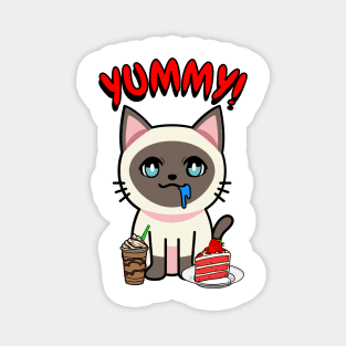 Cute siamese cat is having coffee and cake Magnet