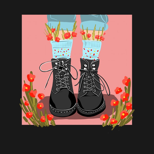 illustration black shoes with flowers.  boots with socks.flowers in socks by Nushech