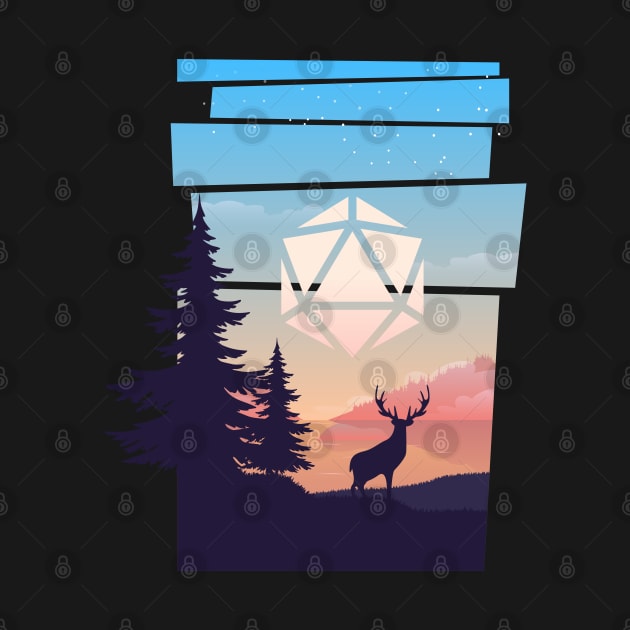 Forest Sunset Deers Polyhedral D20 Dice Sun RPG Landscape by pixeptional