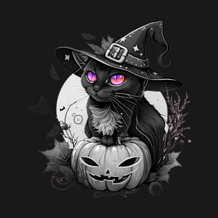 Glowing-Eyed Cat with Pumpkin and Bats: Spooky Halloween Design T-Shirt