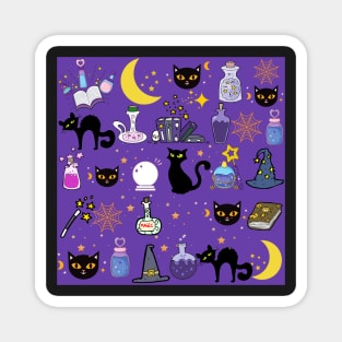 Black Cat Black Magic_Purple Background Magnet