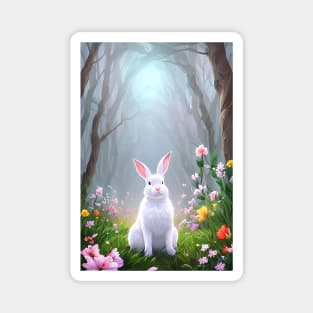 Fluffy white bunny rabbit in the woods with wildflowers Magnet