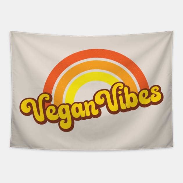 Vegan Vibes Retro Rainbow Orange Tapestry by Jitterfly