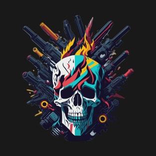 Colorful skull with fire and guns T-Shirt