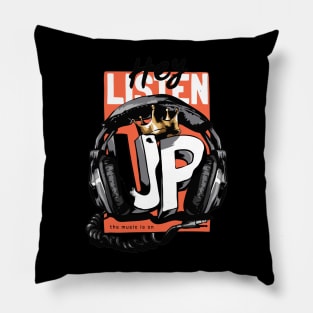 listen up slogan with headphone gold crown illustration Pillow