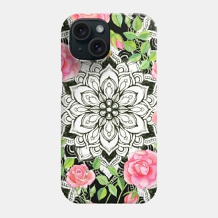 Peach Pink Roses and Mandalas on Black and White Lace Phone Case