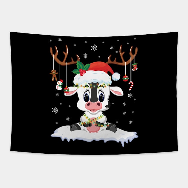 Cow Reindeer Santa Noel Costume Dancing On Snow Merry Xmas Tapestry by bakhanh123