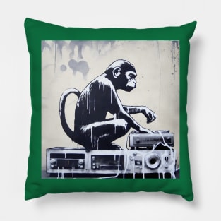 Side view of Banksy monkey playing on vinyl record Pillow