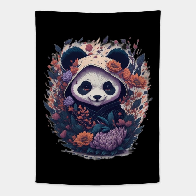 Cute Ninja Panda With Flowers Art Martial Floral Baby Pana Tapestry by BaliChili