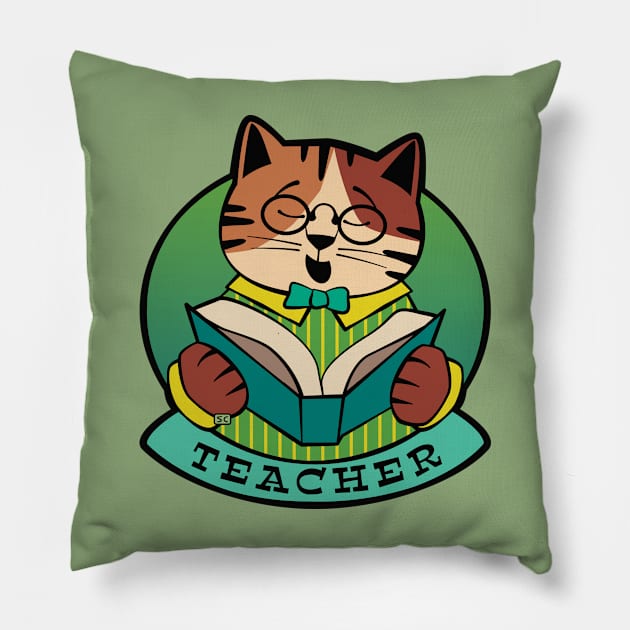 Teacher Cat Reading Book Pillow by Sue Cervenka
