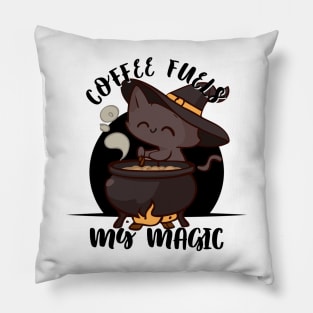 Coffee Fuel, My Magic | Cat Coffee Witch Pillow