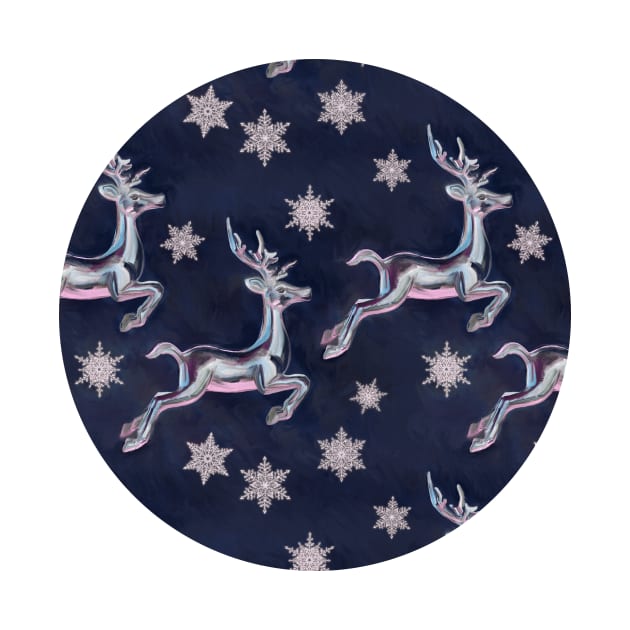 Silver Snowflakes & Happy Reindeer in Navy Blue & Pink by micklyn