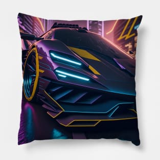 Dark Neon Sports Car in Japanese Neon City Pillow