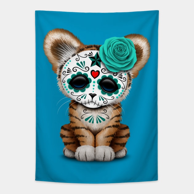 Blue Day of the Dead Sugar Skull Tiger Cub Tapestry by jeffbartels