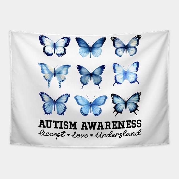 In April We Wear Blue Butterfly Autism Tapestry by antrazdixonlda