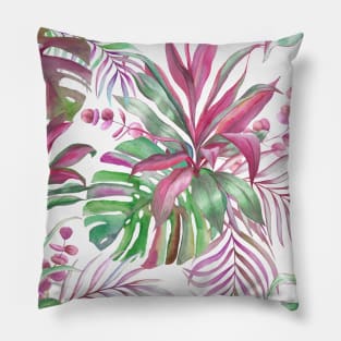 Tropical colorful watercolor leaves composition. Exotic Monstera, cordyline, eucalyptus leaves summer print Pillow