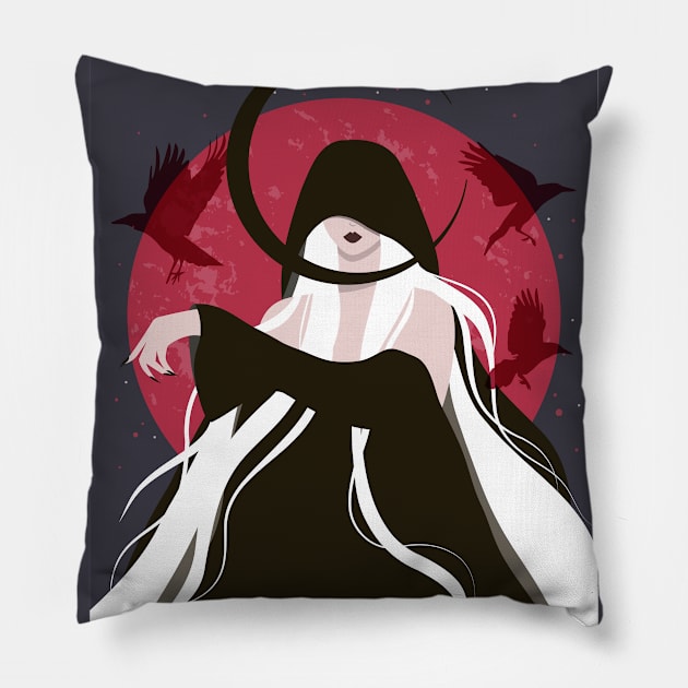 Gothic art, Halloween, Spooky decor, Crow, Woman with long white hair, Witch art, Dark art, Moon art Pillow by KristinityArt