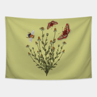 Botanical illustration of chamomile, butterfly and bumblebee plants Tapestry