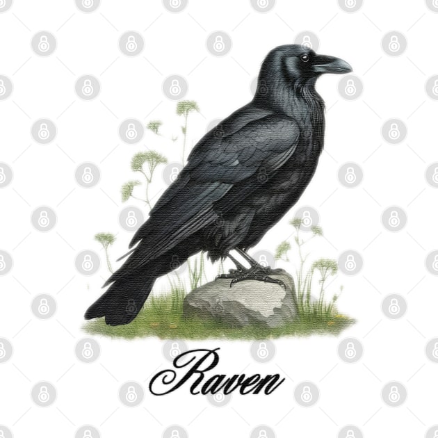 a Raven sitting on top of a green field by JnS Merch Store