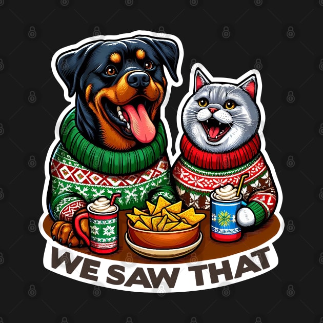 We Saw That meme Rottweiler Dog Scottish Fold Cat Ugly Christmas Sweater Nachos Hot Chocolate by Plushism