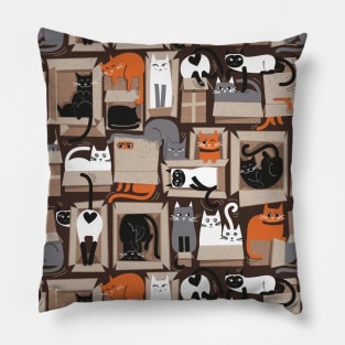 Purfect feline architecture // pattern // brown background cute cats in cardboard boxes Pillow