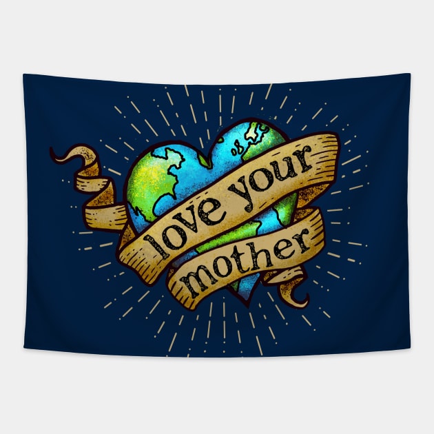 Love Your Mother - Hipster, Heart Tattoo Earth Tapestry by Jitterfly