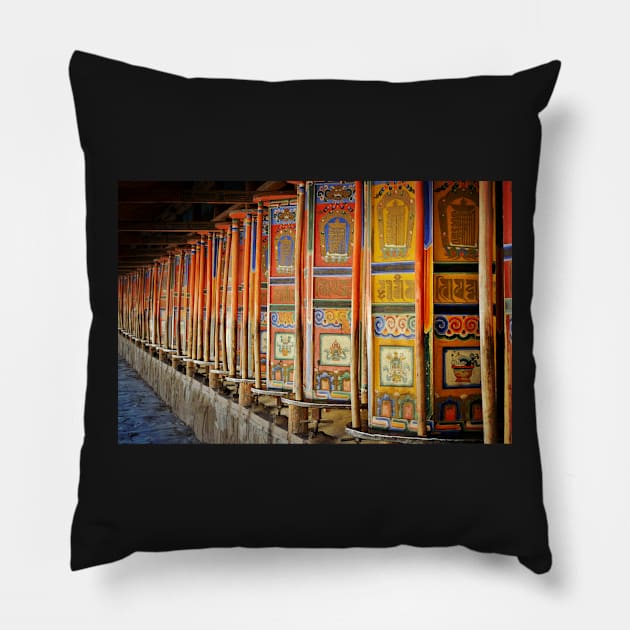 An Alley Of Tibetan Prayer Wheels Pillow by AlexaZari