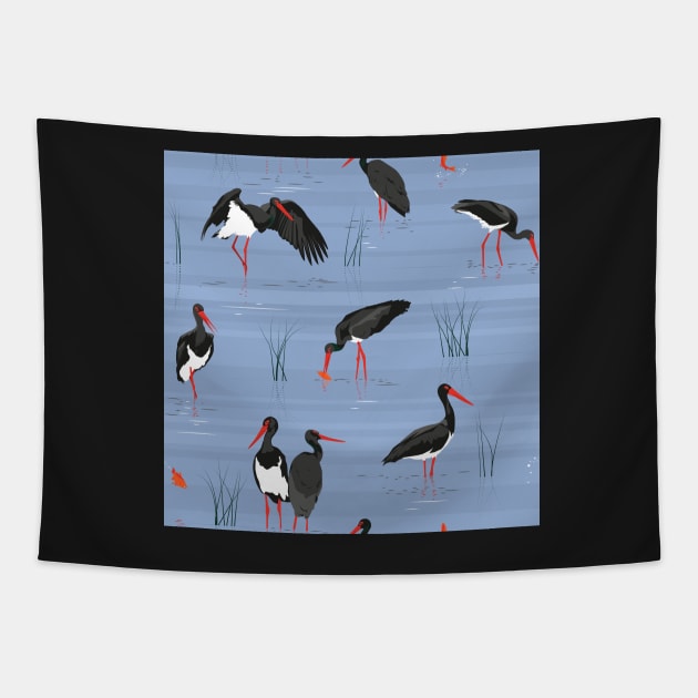 Black stork, gold fish Tapestry by kobyakov