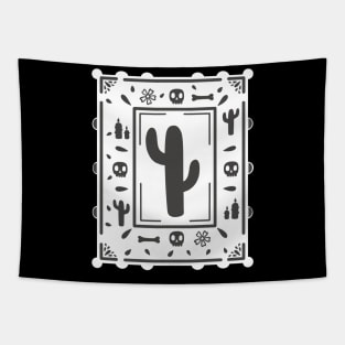 Día De Los Muertos - black skull - cactus - white - Papel Picado Tapestry