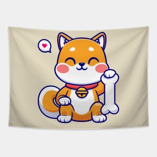 Cute Shiba Inu Dog Sitting With Bone Cartoon Tapestry