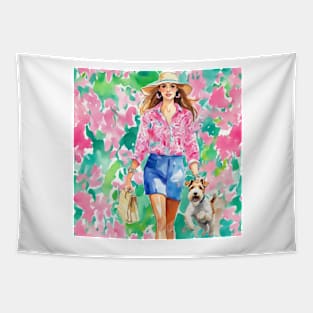 Preppy girl taking Fox Terrier for a walk Tapestry