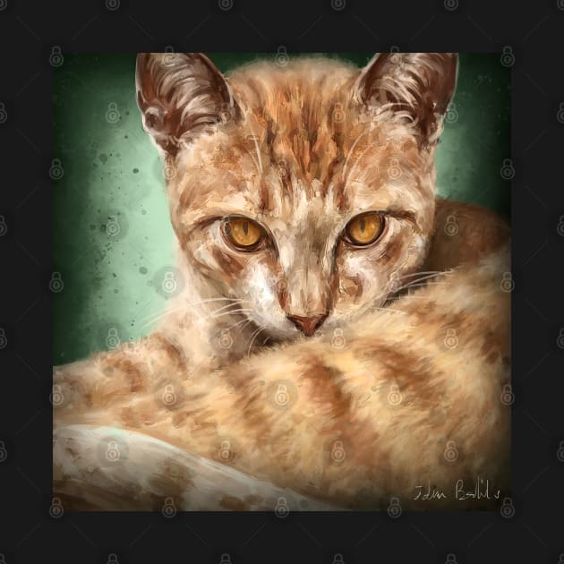 Painting of a an Orange Cat Looking Directly at You, Green Background by ibadishi