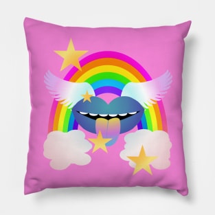 Groovy Winged Lips, Rainbow & Stars - BLUE Pillow