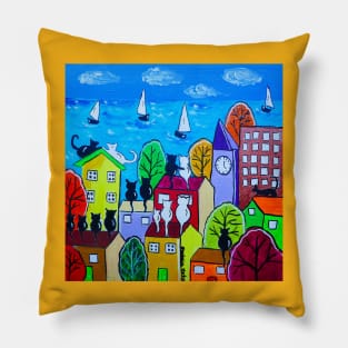 Cats on colourful roofs by the Sea Pillow