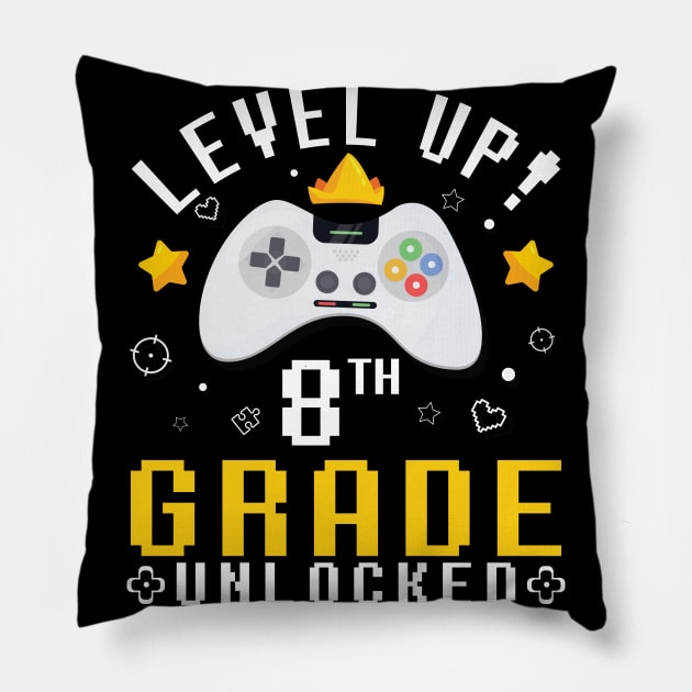 Gamer Fans Students Level Up 8th Grade Unlocked First Day Of School Pillow by joandraelliot